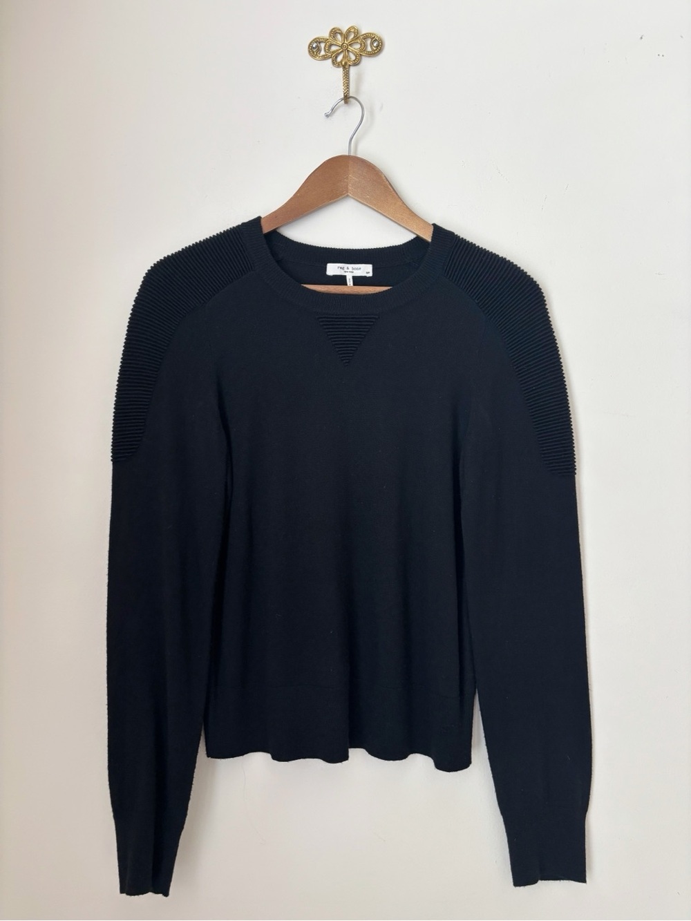 Rag & Bone Black Ribbed Shoulder Pullover Wool Blend Sweater Small Minimalist